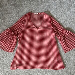 Pleione Red Checkered V-Neck Blouse